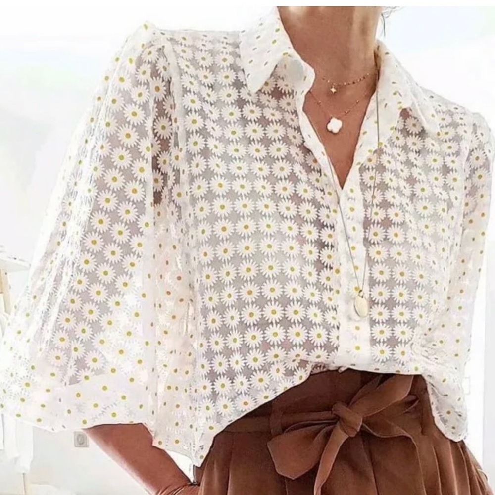Zara White and Yellow Floral Sheer Blouse